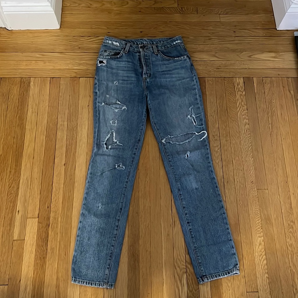 CARMAR light wash hand distressed denim size 24. Custom one of kind distressing